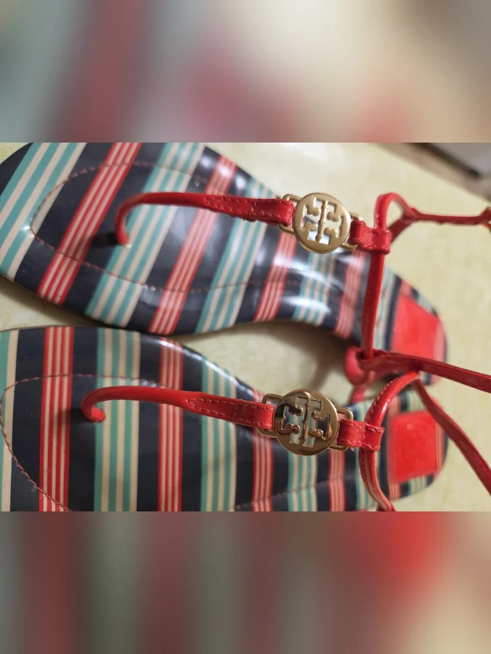 Tory Burch Red Strap Blue & Red Striped Footbed Sandals